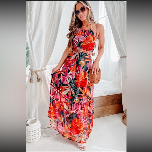 BALI BREEZE TROPICAL PRINT HALTER NECK MAXI DRESS (BLACK/PINK/ORANGE) - Picture 2 of 5